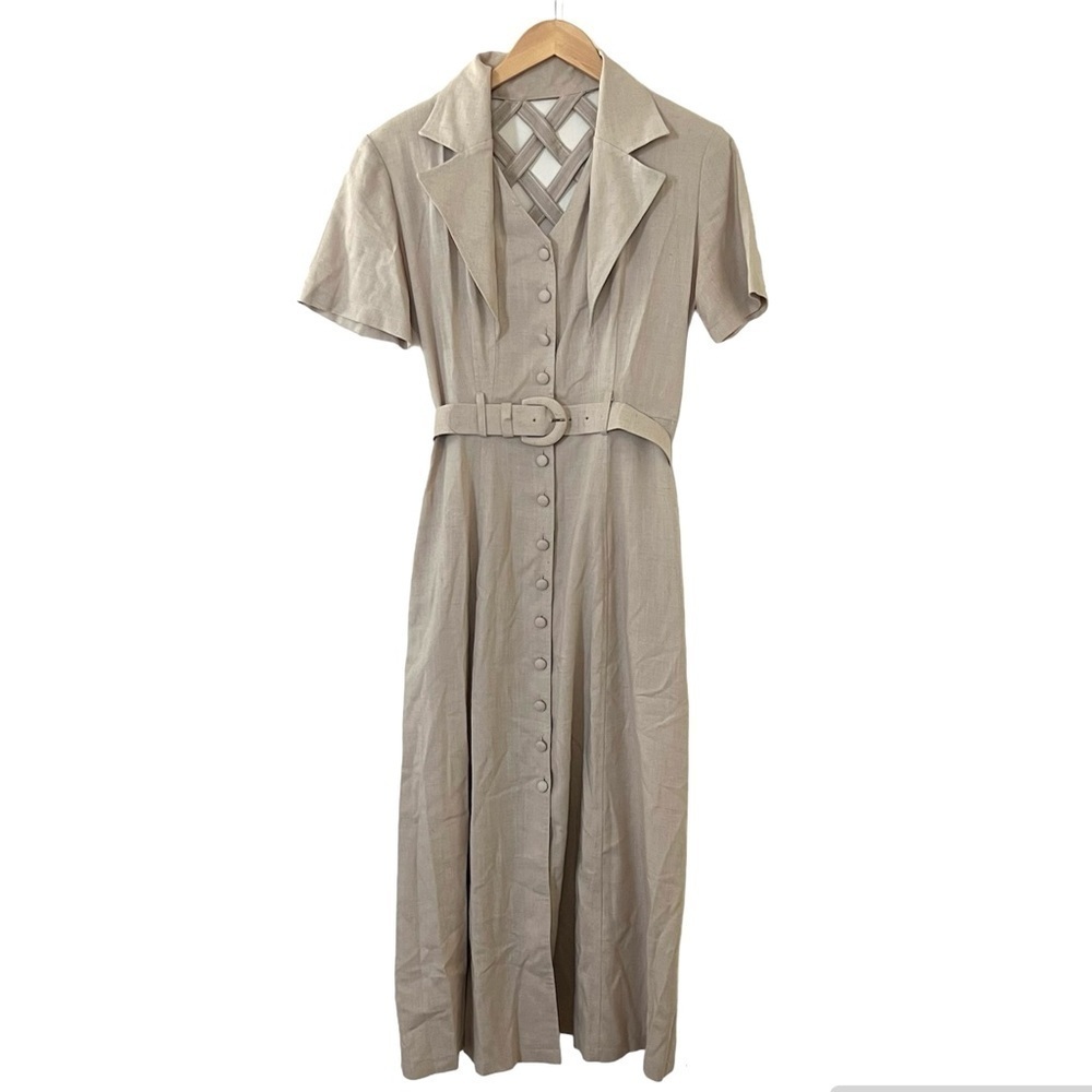 Vintage Chatcarel Beige Tan Belted Braided Back Midi Dress - Picture 2 of 8